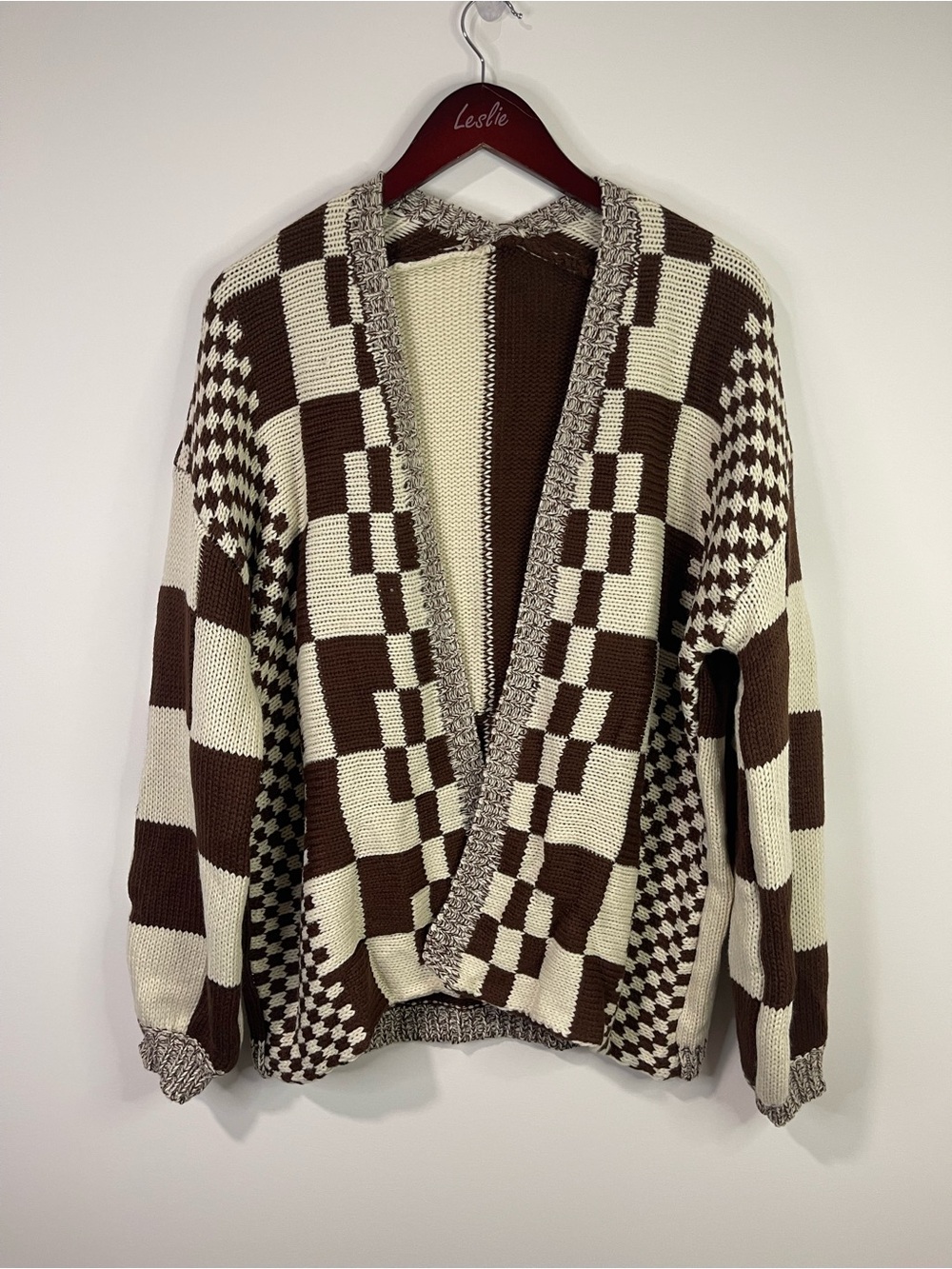 Checkerboard Open-Front loose fitted Cardigan Sweater in Brown & Cream